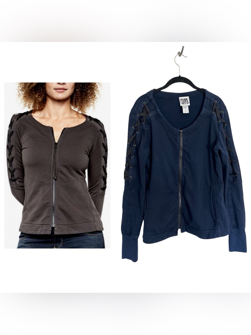Prairie Underground full zip cotton jacket navy lace up sleeve detail scoop neck